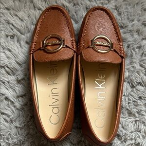 Calvin Klein Cognac Leather Loafers with Gold Ring Hardware